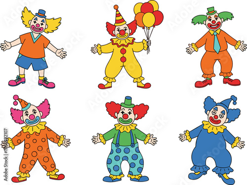 Clown Characters Vector Set with Funny Circus Performers, Colorful Costumes and Party Entertainers for Kids, Festival and Cartoon Illustration Design