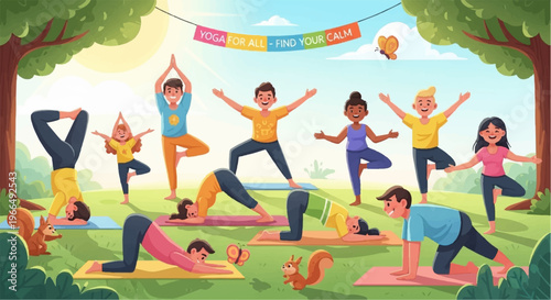 Diverse group of people practicing yoga in a serene outdoor park setting with trees and a colorful banner