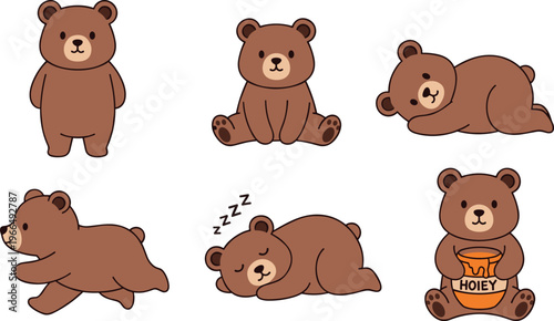 Cute Bear Vector Set with Sitting, Sleeping, Walking and Honey Holding Poses for Kids Illustration, Cartoon Animal Design and Wildlife Collection