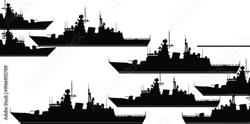 Black silhouette vector illustration of multiple modern warships, naval fleet clipart, military ship graphic design for defense, sea power, security, and protection concepts