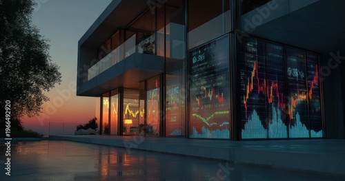 Modern house with financial data displayed on illuminated windows at sunset