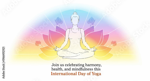 Meditating woman in lotus position with rainbow background celebrating international day of yoga with mindfulness and harmony