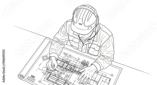 Architect reviewing blueprints, focused on construction plans, detailed technical drawing.