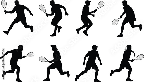 Eight Black Silhouettes of a Male Squash Player in Various Poses with Racket on White Background vector