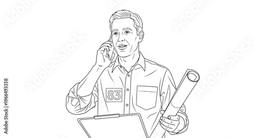 Architect Talking on Phone Holding Blueprints.