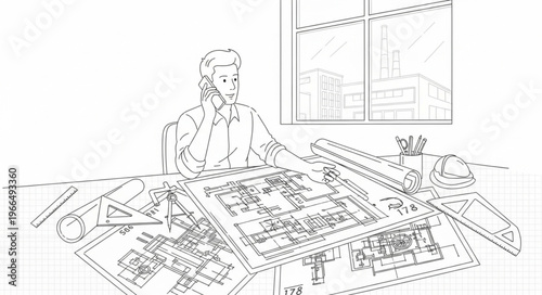 Architect working on blueprints while talking on the phone in office.