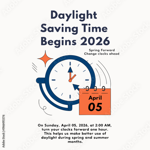 Daylight Saving Time Begins 2026 concept banner. Vector illustration of clock and info with calendar date of changing time in April 05. Spring Forward Time illustration banner. Change clocks ahead