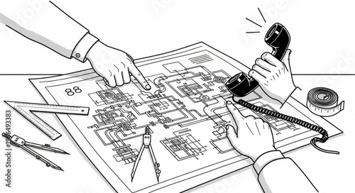 Architects collaborating on blueprints with a phone call.