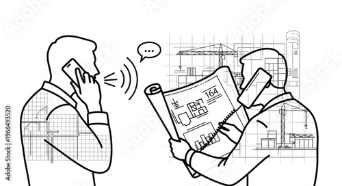 Architects discussing blueprints and making a phone call.