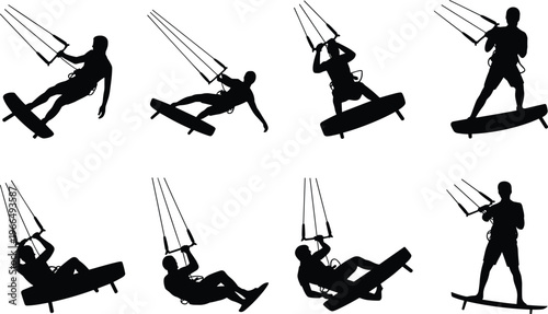 Eight Black Silhouettes of Kiteboarders in Various Poses on White Background kiteboarding kitesurfing