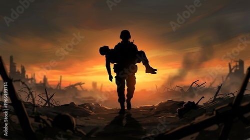 Soldier carrying wounded comrade through war torn battlefield at sunset depicting bravery and sacrifice