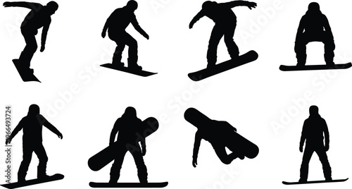 Eight black silhouettes of snowboarders in diverse action poses and stances on a white background Keywords: snowboarder, snowboarding, silhouette, winter sport, snow, extreme sport, action