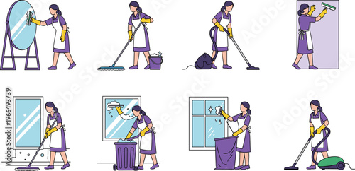 House Cleaning Service Vector Set with Woman Doing уборка, Mopping, Vacuuming and Window Cleaning for Home Hygiene, Maintenance and Professional Cleaning Illustration