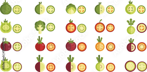 Vegetable cross section icons collection flat vector illustration fresh produce slices showing inner structure seeds and textures set