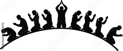 Silhouettes of people praying on knees, worship and meditation vector illustration, spiritual belief concept, religious devotion artwork, faith and humanity design