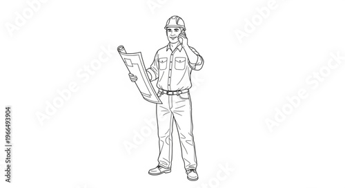 Architectural blueprint and construction worker illustration.