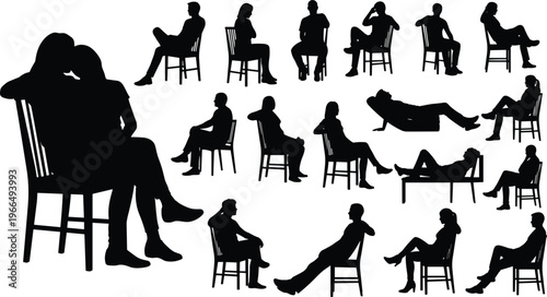 Silhouettes of people sitting on chairs, relaxing and resting vector illustration, multiple human poses design, casual lifestyle artwork, black and white figure collection