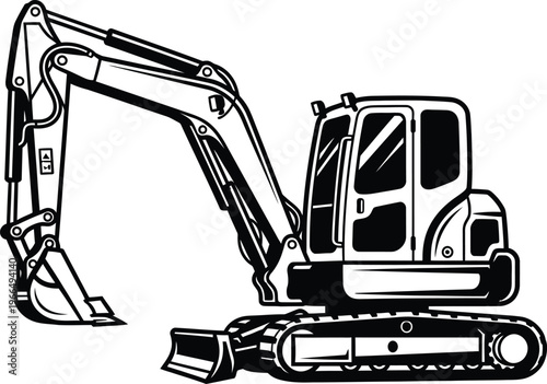 Black and white sketch of a compact excavator construction machinery illustration