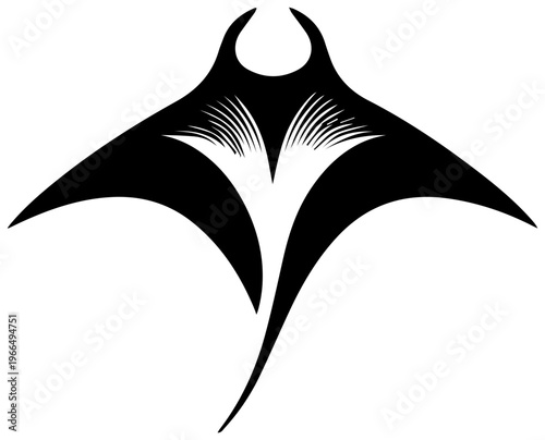 Abstract manta ray gliding through water with wing like fins black and white illustration minimalist oceanic creature design