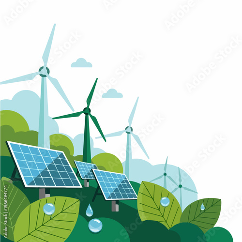 Sustainable Green Energy Vector  Eco-Friendly Design with Wind Turbines and Solar Panels  Earth Tones