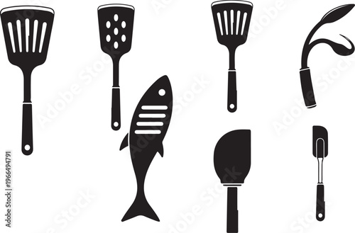 Black kitchen utensils and tools on white background illustration