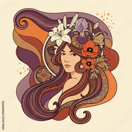 Art Nouveau Revival Poster Vector  Stylized Female Figure  Organic Lines with Warm Earth Tones