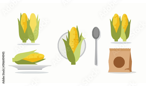 Corn icons in frames grains cobs agriculture vector set