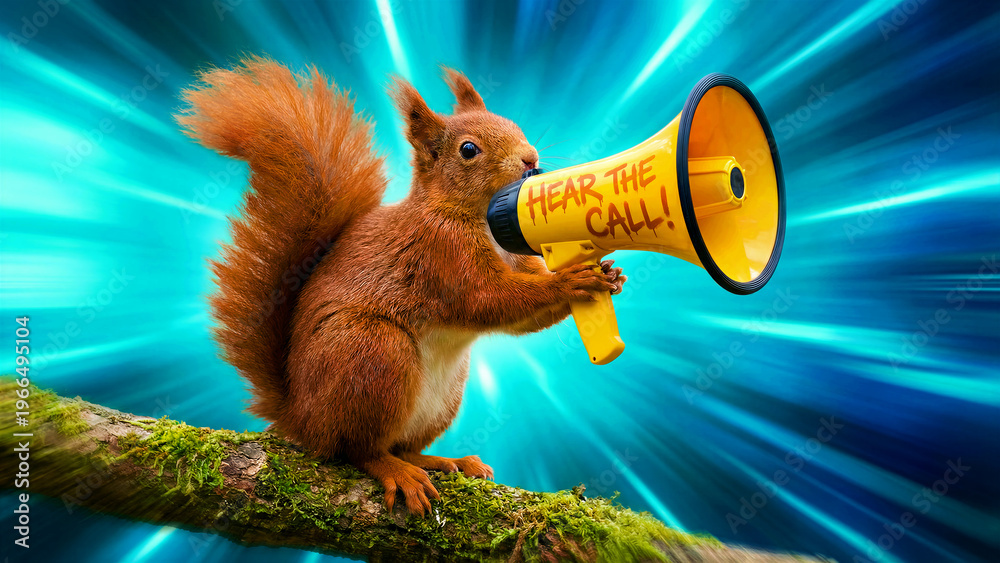 Fototapeta premium A charming red squirrel, perched on a mossy branch, intently holds a vibrant yellow megaphone displaying the bold, urgent message 