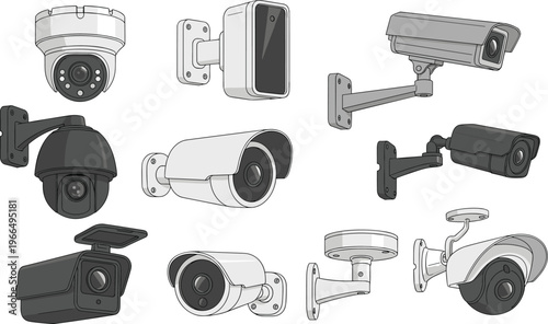 CCTV Security Camera Vector Set with Surveillance Devices, Dome, Bullet and Wall Mounted Cameras for Monitoring, Safety and Protection Illustration