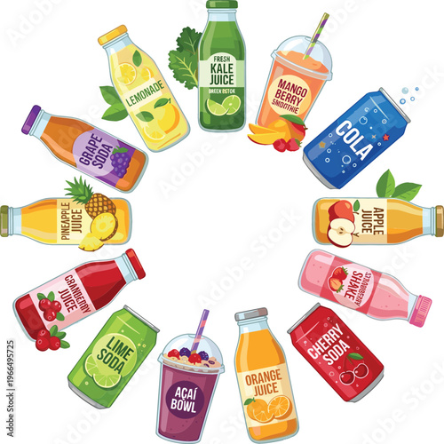 Colorful Fresh Juice and Soda Beverage Vector Collection Featuring Fruit Drinks Smoothies Bottles and Cans in Circular Arrangement for Menu and Packaging Design