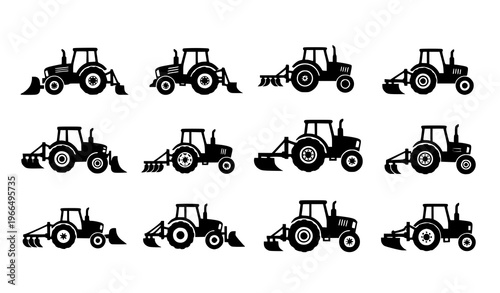Tractor silhouette icon set with plow agriculture vector collection