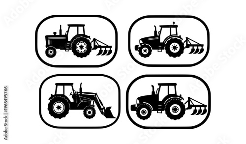 Tractor silhouette icon in frames agriculture plow vector set