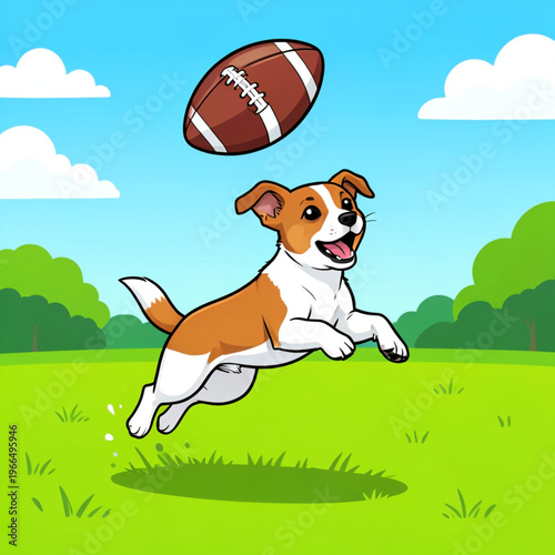 A playful brown and white dog mid-air catching an american football