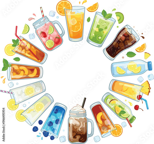 Refreshing Summer Drink Collection Vector Illustration Featuring Lemonade Iced Tea Juice Smoothies Coffee and Fruity Beverages in Circular Arrangement for Menu and Cafe Design