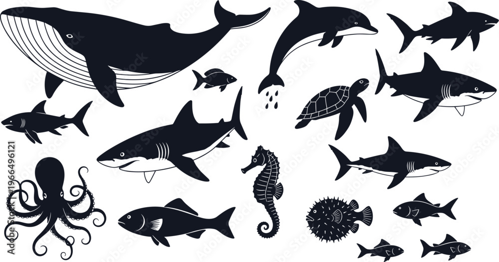 Obraz premium Marine animals silhouette collection with whale, dolphin, fish and octopus, ocean wildlife icons set for underwater design, sea life concept and aquatic illustration graphics