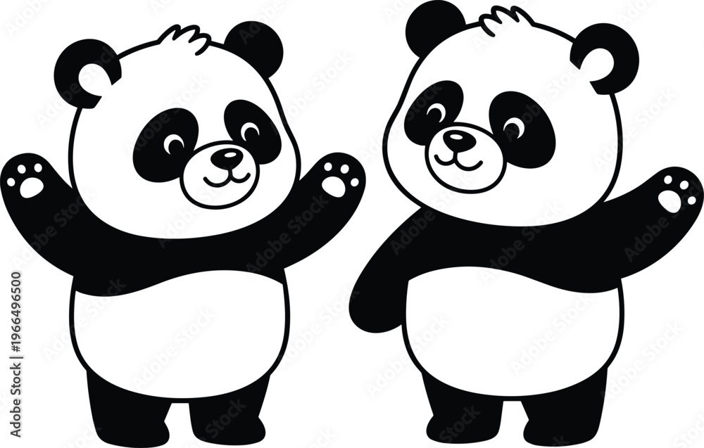 Obraz premium Cute panda cartoon illustration set with adorable bear characters waving, black and white animal design for kids, nursery decor, playful mascot and friendly wildlife graphicsCute panda cartoon 