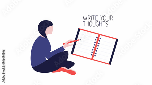 Thoughtful person writing, journaling, notebook illustration, inspirational quote