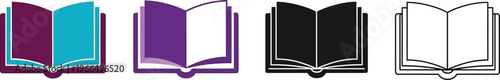 Modern set of open book icons presented in flat design solid color and outline styles suitable for e-learning platforms digital libraries and mobile applications