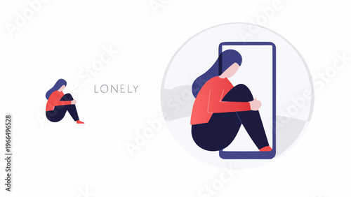 Lonely woman, isolated person, sadness, depression, mental health vector icon