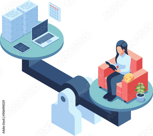 Isometric Woman Balancing Work and Relaxation for Burnout Prevention
