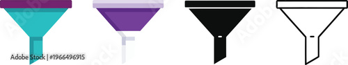 Set of colorful and outline funnel icons representing data filtering sales conversion or sorting processes for web and app design