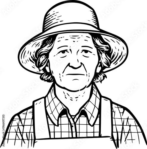 Hand Drawn Elderly Female Farmer Black and White Illustration in Minimal Solid Art Style Design