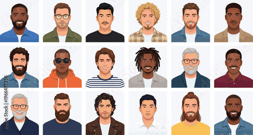 Diverse Male Avatar Collection Vector Illustration Featuring Different Hairstyles Ethnicities and Facial Expressions for User Profile Icons Social Media and Character Design