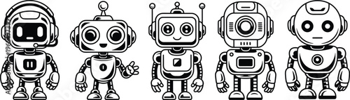 Cartoon robot characters set, cute futuristic droids vector, friendly AI machines illustration, children robot clipart icons, retro android design collection