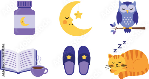 Sleep and Bedtime Vector Set with Moon, Owl, Sleeping Cat, Pajamas, Book and Night Routine Elements for Relaxation, Dream and Cozy Lifestyle Illustration