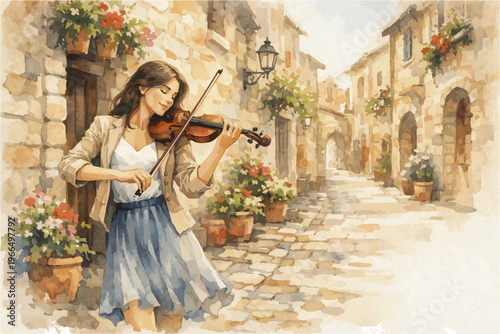 Female Street Musician Watercolor Illustration Collection in Urban Outdoor Scenes