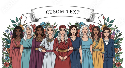 Diverse group of women in colorful ancient inspired dresses standing together with floral background and custom text banner