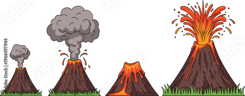 Volcano Eruption Illustration Set Featuring Different Stages of Lava Explosion with Smoke, Fire, and Mountain Landscape Elements in Cartoon Vector Design Style.