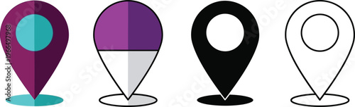 Set of diverse location pin icons featuring flat design solid and outline styles perfect for map applications and UI design