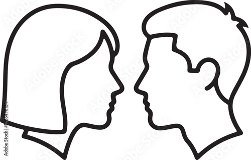 Quadro su tela A clean black line art vector illustration featuring the side profile outlines of a male and female head facing each other on a white background